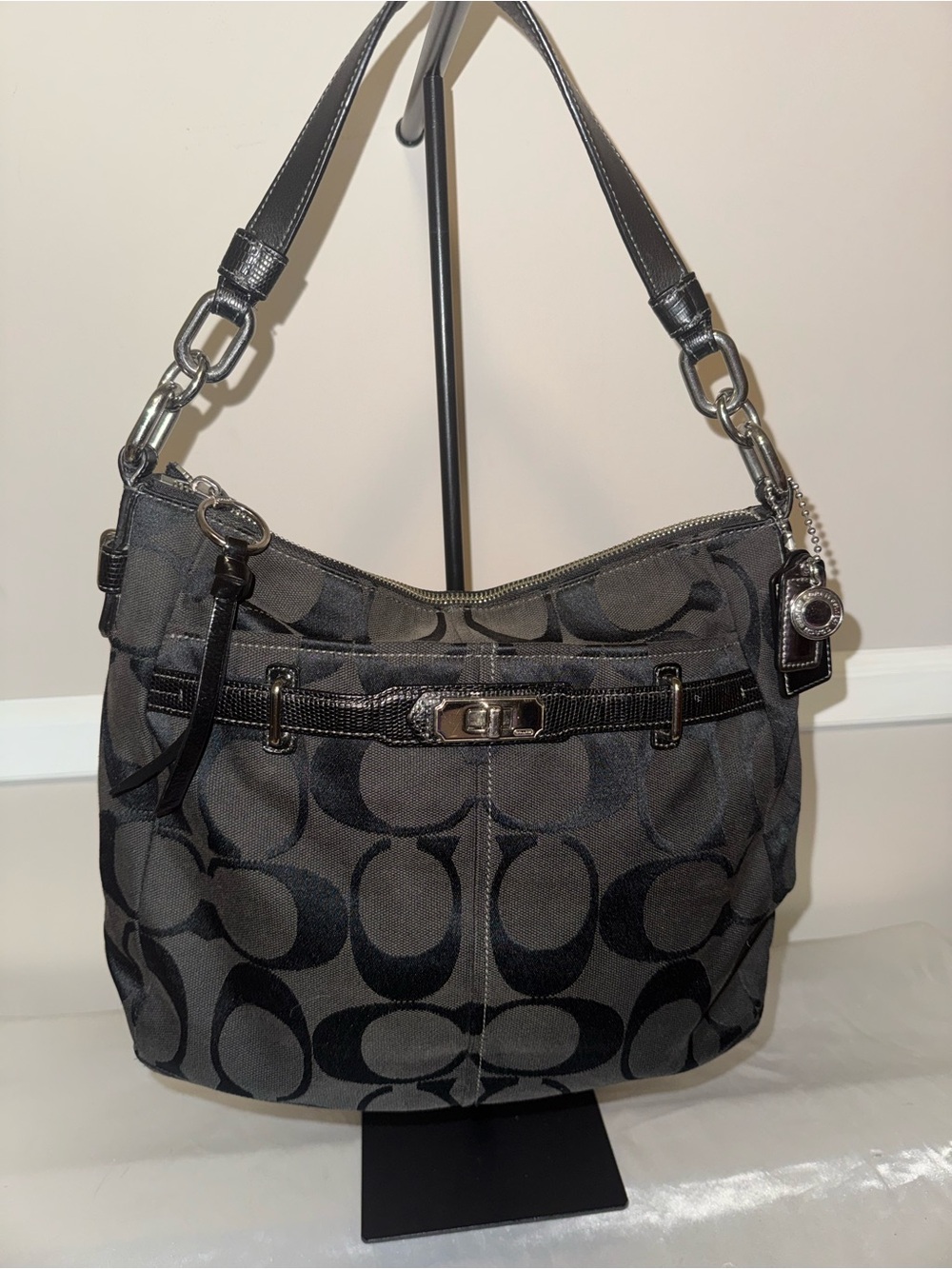 Coach Black and Charcoal Signature Canvas Shoulder Bag